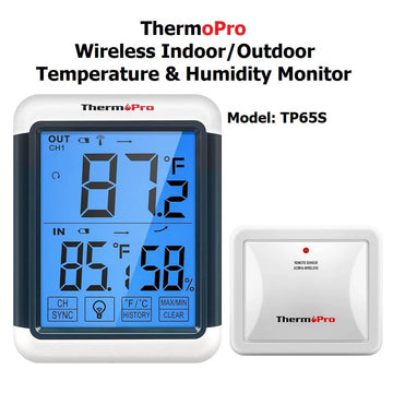 ThermoPro TP65S Digital Wireless Indoor Outdoor Thermometer Hygrometer Temperature & Humidity Remote Monitor Gauge Meter with Backlit LCD, 200ft Rechargeable Outdoor Sensor - Imported from UK